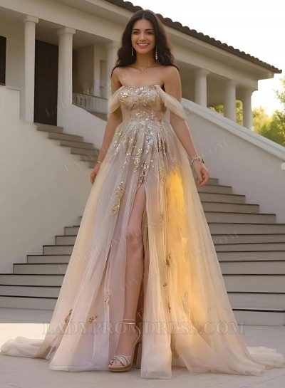A-Line Princess Tulle Off the Shoulder Appliques Sweep/Brush Train Prom Dresses