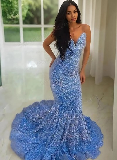 2025 Sheath Sequins Sweetheart Sleeveless Sweep Train Prom Dresses