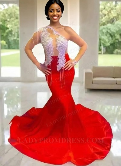2025 Trumpet Elastic Satin One Shoulder Applique Long Sleeve Sweep Train Prom Dresses