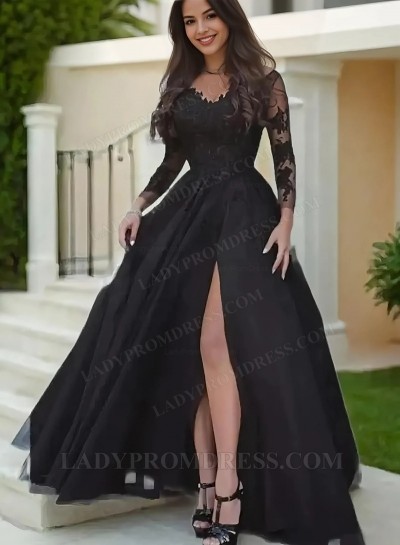 2025 Princess/A-Line Black Long Sleeves Tulle Prom Dresses