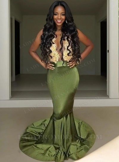 Green Mermaid/Trumpet Stretch Satin Prom Dresses with Appliques