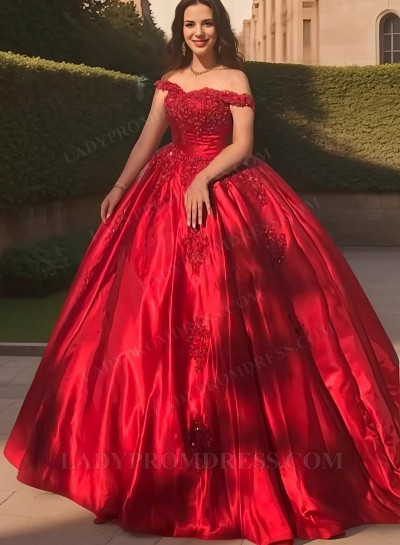 Ball Gown Off The Shoulder Red Satin Prom Dresses