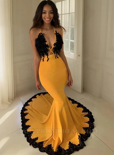 2025 Mermaid Orange V-neck Sleeveless Zipper Sweep Train Prom Dresses