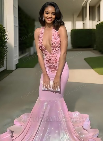 Halter Mermaid Pink Prom Dresses 2025