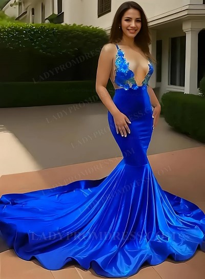 2025 Spaghetti Straps Royal Blue V-neck Mermaid Velvet Prom Dresses