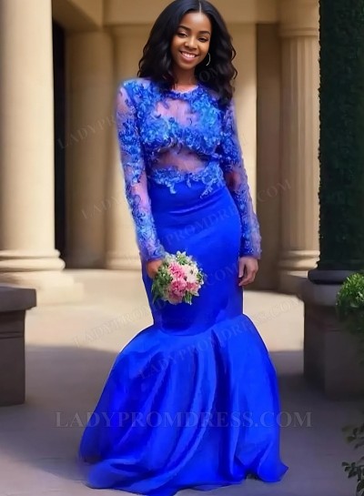 2025 Royal Blue Mermaid/Trumpet Satin Prom Dresses with Appliques
