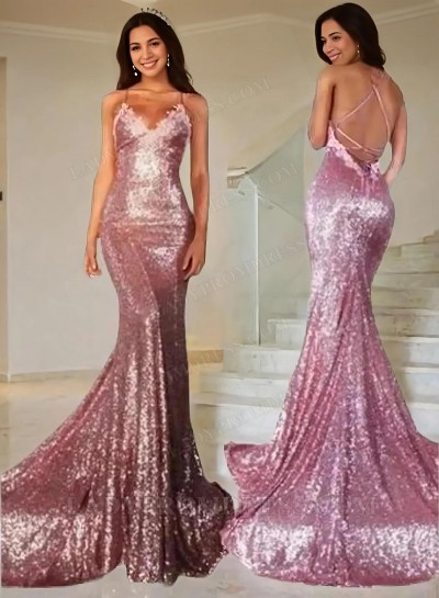 Mermaid/Trumpet Spaghetti Straps Backless Sequins Prom Dresses