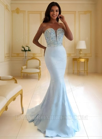 2025 Light Sky Blue Mermaid/Trumpet Sweetheart Beaded Satin Prom Dresses