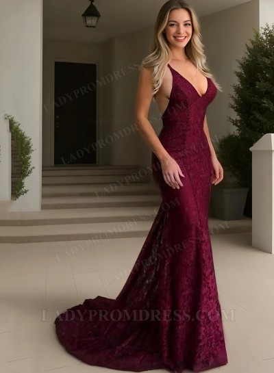 2025 Burgundy Lace V Backless Prom Dresses