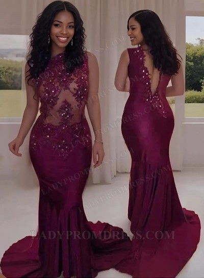 Burgundy Long Sleeves Beading Backless Sweep Train Mermaid/Trumpet Prom Dresses
