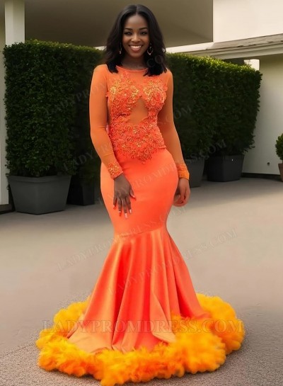 2025 Long Sleeves Orange Prom Dresses