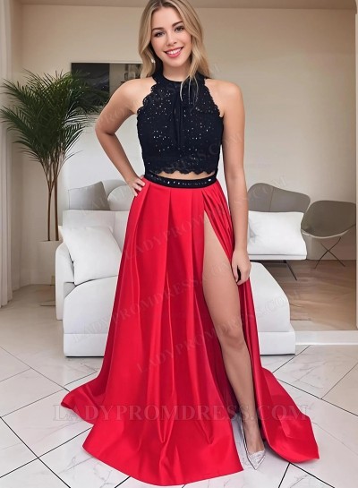 2025 Princess/A-Line Black And Red Two Pieces Satin Prom Dresses