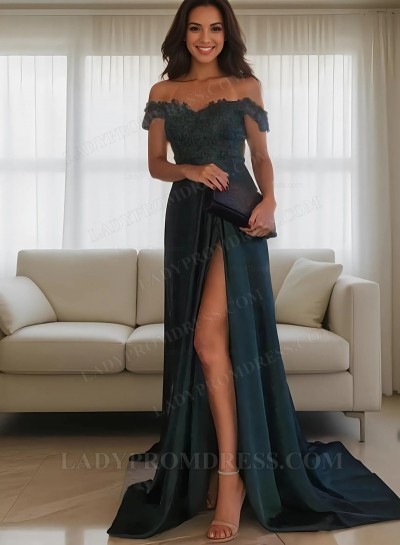 2025 A-Line Satin Off The Shoulder Side Slit Dark Green Prom Dresses