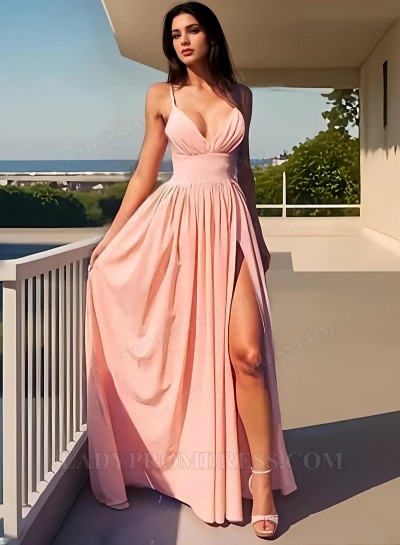 2025 Princess/A-Line Pink Spaghetti Straps Side Slit Prom Dresses