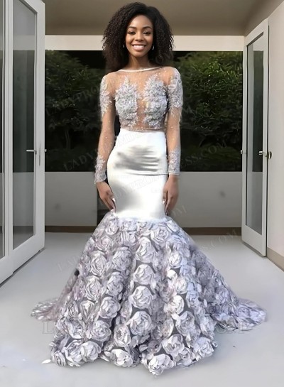 Silver Mermaid Long Sleeves Transparent Rose Decoration Prom Dresses