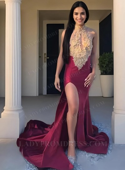 High Neck Burgundy With Gold Appliques Side Slit Satin Open Front Prom Dresses