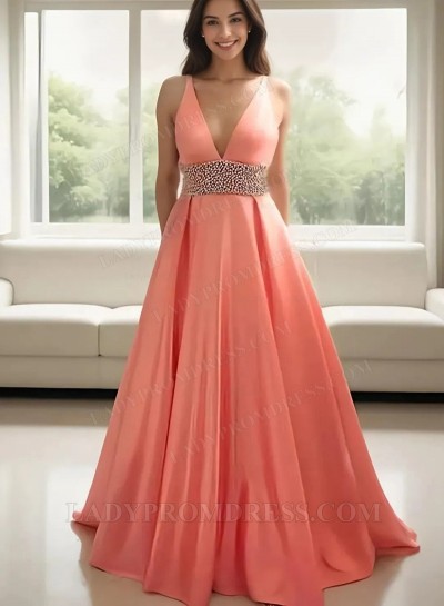 A Line Satin Coral V Neck Beaded Sash Prom Dress 2025