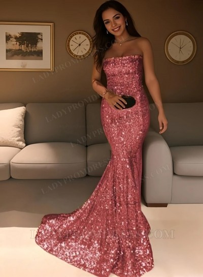 2025 Shiny Mermaid Strapless Sequence Pink Prom Dress