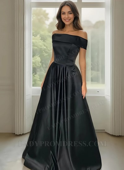 2025 A Line Satin Black Off Shoulder Prom Dresses