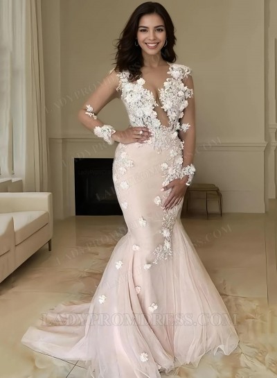 2025 Pearl Pink Tulle Long Sleeves Floral Backless Prom Dresses