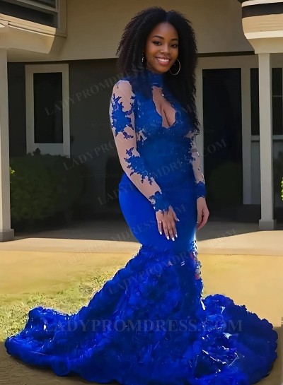 2025 Royal Blue Mermaid Long Sleeves Rose Open Front Prom Dresses