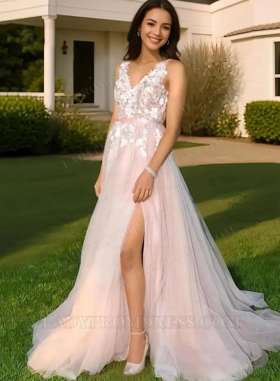 2025 A Line Side Slit Tulle Blushing Pink V Neck Tulle Prom Dresses