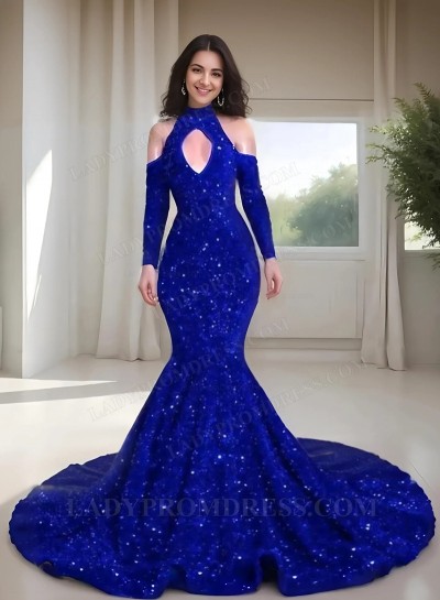 2025 Royal Blue High Neck Sequins Mermaid Prom Dresses