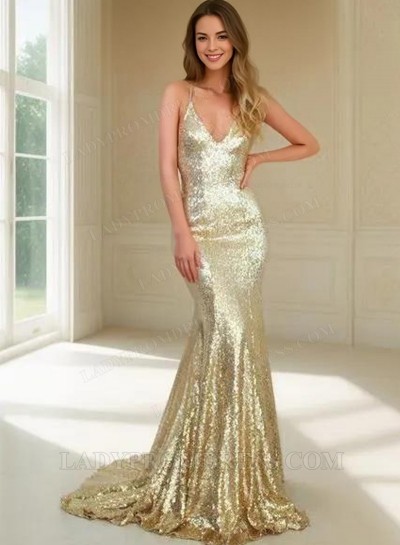2025 Mermaid/Trumpet Gold Sequence Backless Prom Dresses