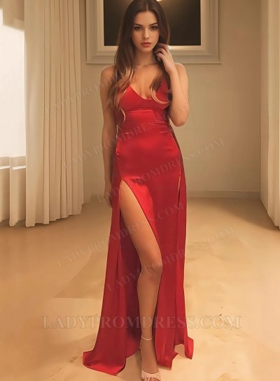2025 Red Sheath Satin Side Slit Sweetheart Prom Dresses
