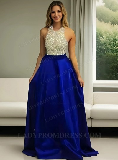 2025 Royal Blue Beading Halter A-Line/Princess Satin Prom Dresses