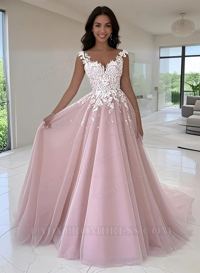 2025 Pink Appliques V-Neck A-Line/Princess Tulle Prom Dresses
