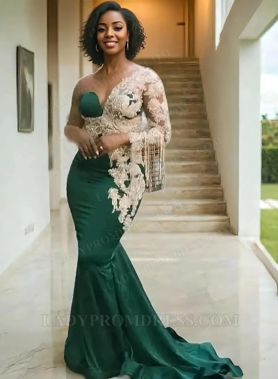 One Shoulder Sheath Beaded Satin Emerald Green Long Prom Dresses