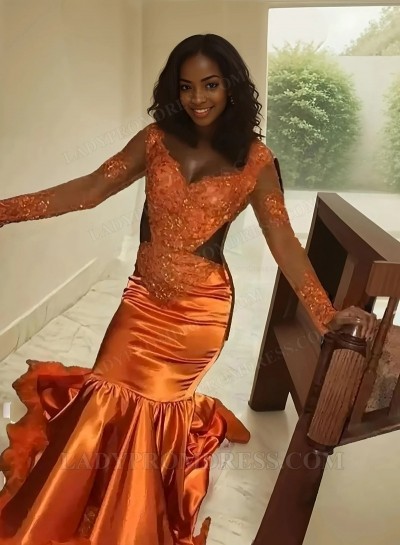 2025 Sexy Long Sleeve V-neck Satin Mermaid Prom Dresses