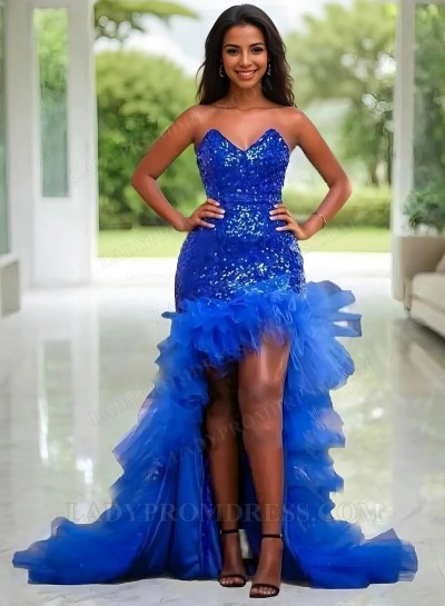 2025 Sheath Sweetheart Royal Blue High Low Side Slit Long Prom Dresses