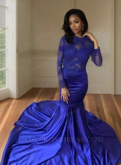 2025 Royal Blue Long Sleeves Mermaid Satin Prom Dresses
