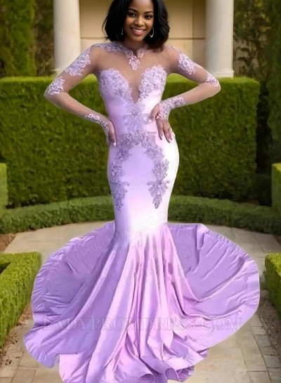 2025 Sexy Long Sleeves Lace Mermaid Lilac Prom Dresses