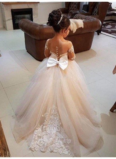 Ball Gown Long Sleeves Off-the-Shoulder Sweep/Brush Train Applique Tulle First Communion Dresses / Flower Girl Dresses