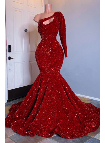 One Shoulder Red Mermaid Sequins Prom Dresses 2024