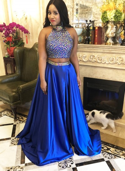High Neck Satin Side Slit Two Pieces Prom Dresses
