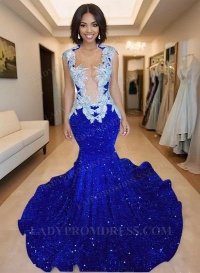 2025 Royal Blue V-neck Sequence Sweetheart Mermaid Prom Dresses with Beaded