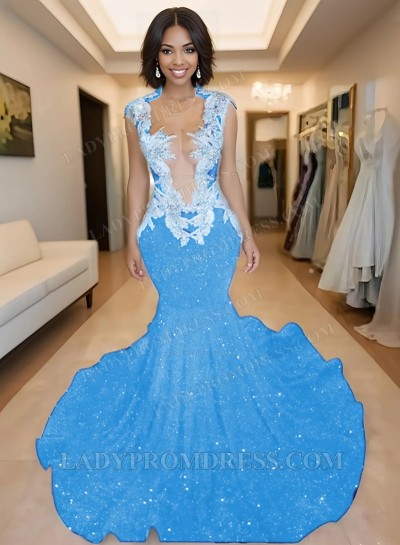 Blue V-neck Sequence Sweetheart Mermaid Prom Dresses with Beaded