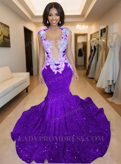 Purple V-neck Sequence Sweetheart Mermaid Prom Dresses with Beaded