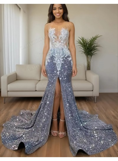 2025 Silver Front Slit Sequins Mermaid Prom Dresses with Beaded