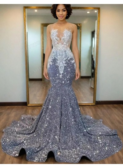 2025 Silver Mermaid Sequins Prom Dresses with Beaded