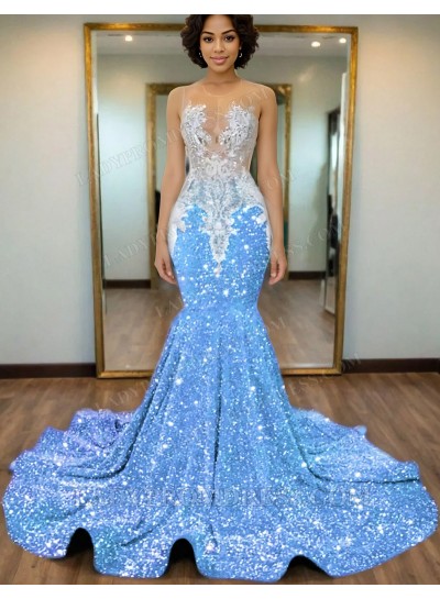 Blue Mermaid Sequins Prom Dresses with Beaded 2025