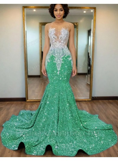 Mint Green Mermaid Sequins Prom Dresses with Beaded 2025