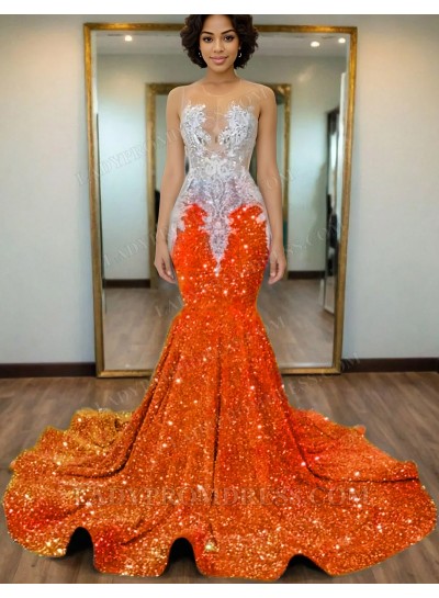 Orange Mermaid Sequins Prom Dresses with Beaded 2025