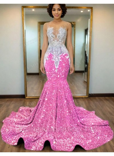 Pink Mermaid Sequins Prom Dresses with Beaded 2025