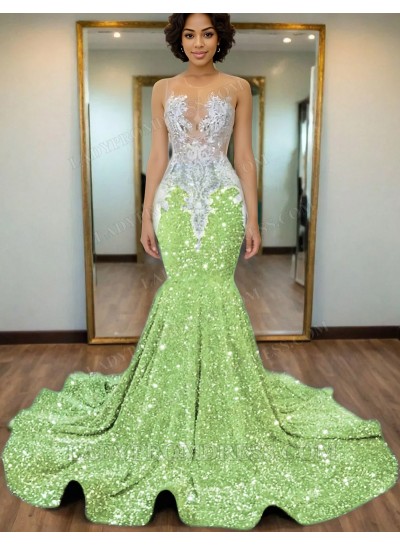 Sage Mermaid Sequins Prom Dresses with Beaded 2025