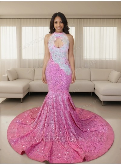 2025 Pink Halter Chest Hollow Sequins Mermaid Long Prom Dresses